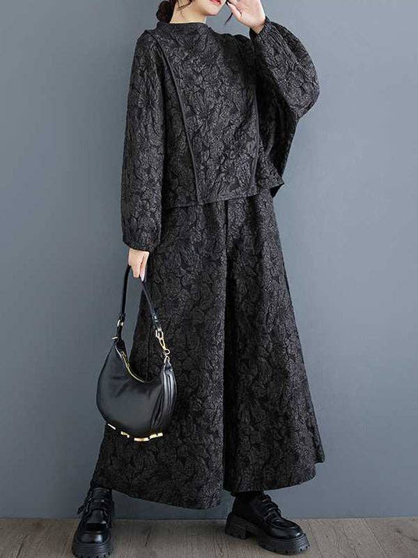 NERO Set di due pezzi con scollo tondo in tinta unita con tasche in jacquard elasticizzato a maniche lunghe in vendita all'ingrosso su Faire3