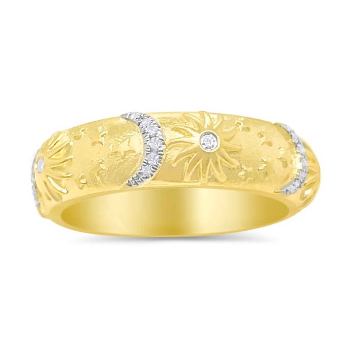 Gold Overlay Silver Sun Moon Stars Diamond Ring for wholesale by Meira T