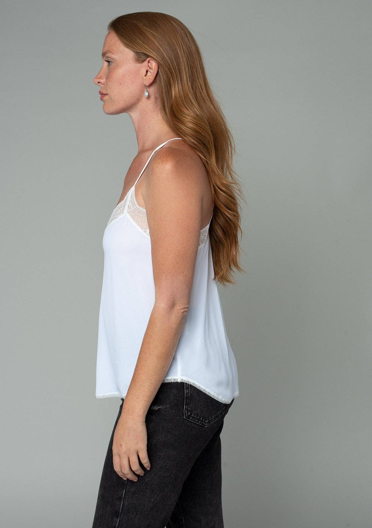 Chalk Silky Crepe Lace Trim Spaghetti Strap Top for wholesale on Faire2