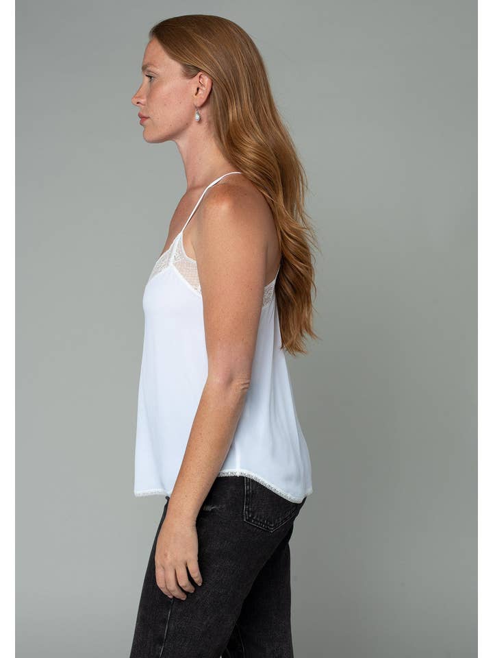 Chalk Silky Crepe Lace Trim Spaghetti Strap Top for wholesale on Faire2