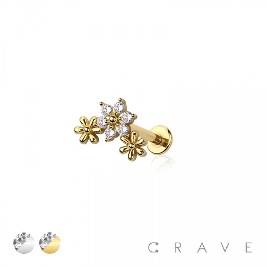 CRAVE - Wholesale Single Earring - MULTI CZ TRIPLE FLOWER TOP THREADLESS (PUSH IN)4
