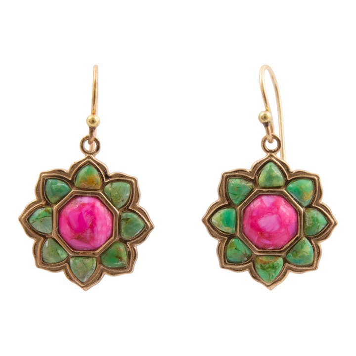 Frische fuchsienpinke und limonengrüne türkis-goldene Tropfenohrringe für den Großhandel von Barse Jewelry