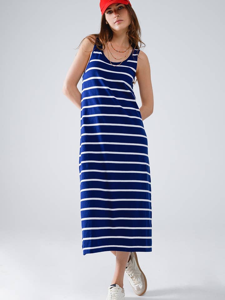 Tank maxi Dress With Scoop Neck In Navy With White Stripes for wholesale by Q2—All Orders:Free Duties for the US,UK,and Canada