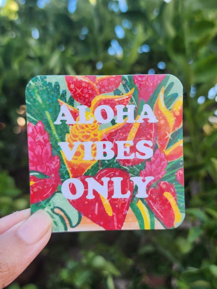 Aloha Vibes holographic sticker for wholesale by Nan's Desk LLC