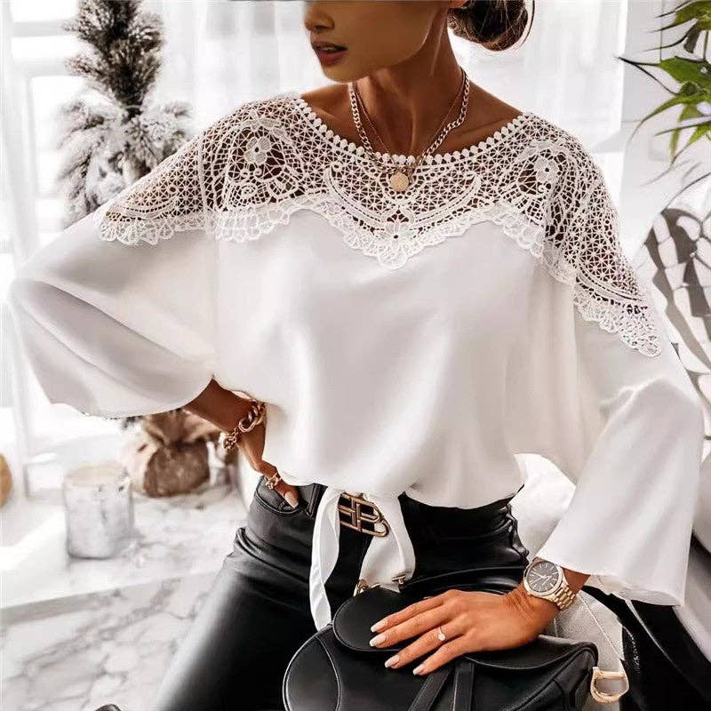 Sheer Trend - Wholesale Blouse - Women's - Round Neck Long Sleeve Lace Trim Shirt0