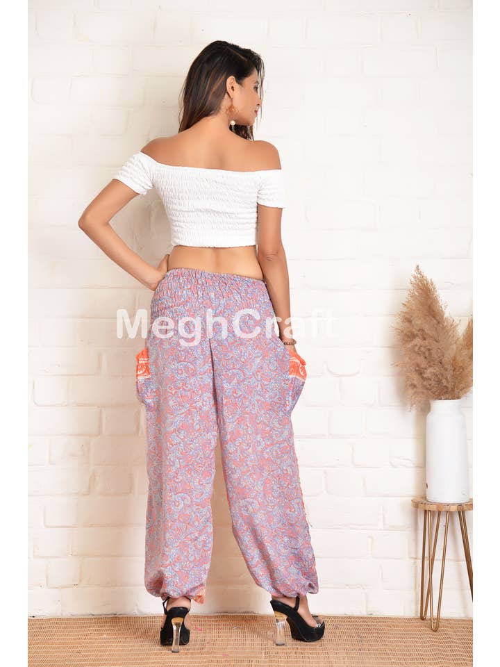 Meghcraft - Wholesale Pants – Women's - Upcycled Silk Harem Pants with Smocked Waist6