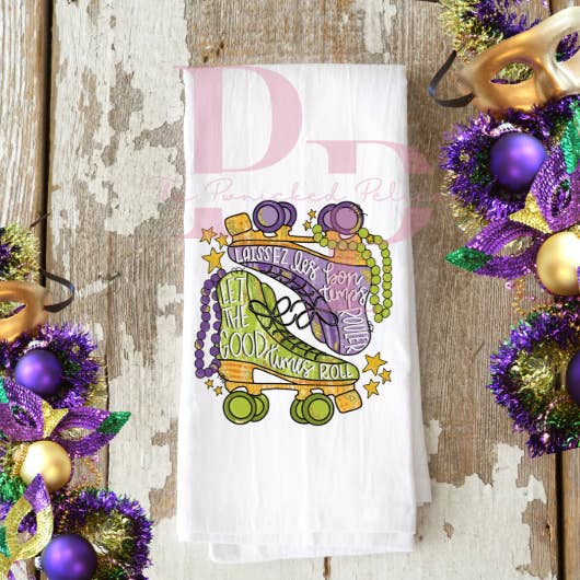 Let the good times roll ( rollerskates) decorative tea towel for wholesale by The Panicked Pelican