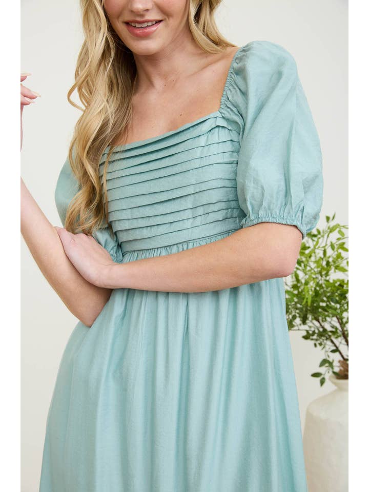 MINE - Wholesale Dress - Women's - PLEATED EMPIRE WAIST PUFF SLEEVE MIDI DRESS