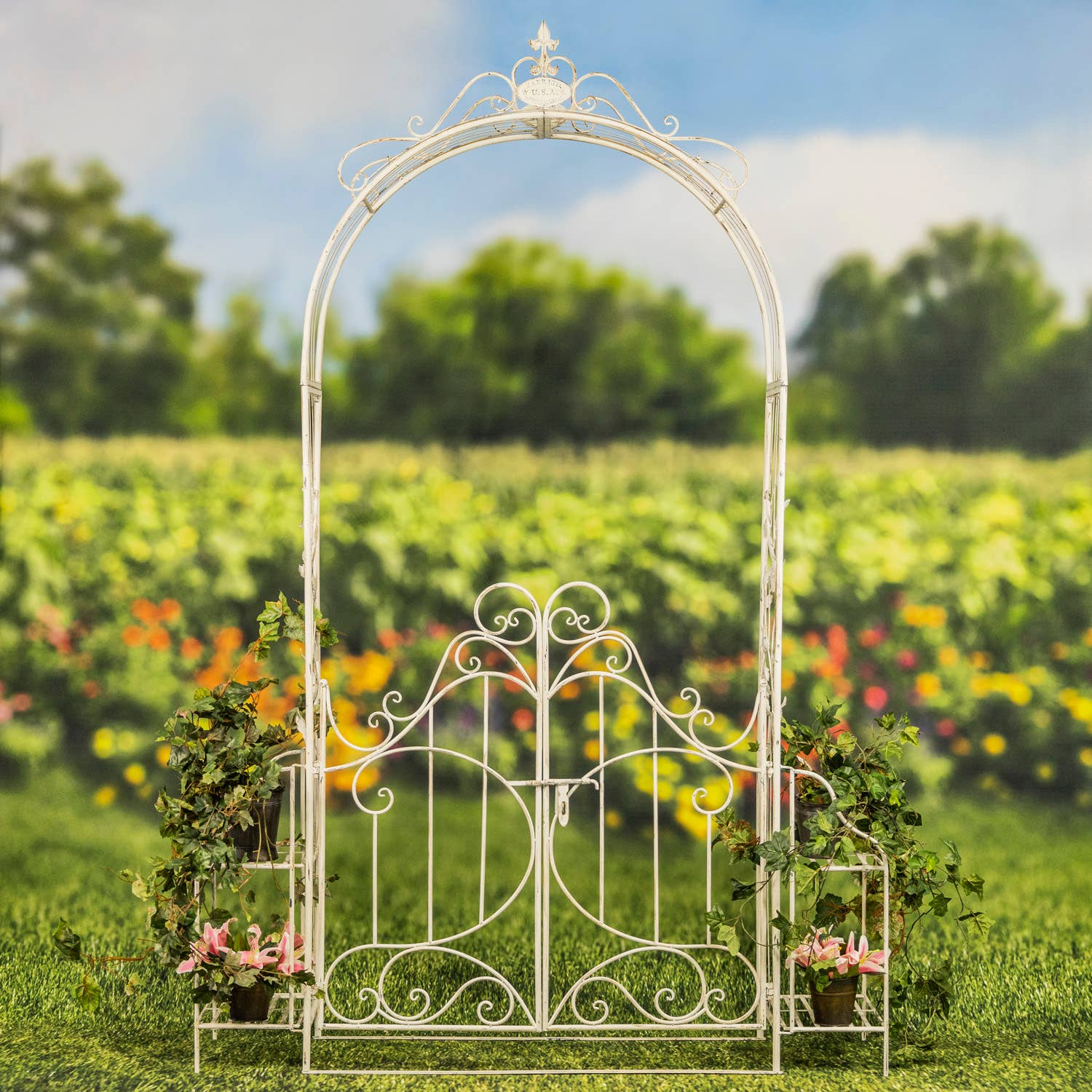 Zaer Ltd. International - Wholesale Outdoor Ornament/Decor - Iron Garden Gate w/Side Plant Stands "Stephania" in 3 Colors15