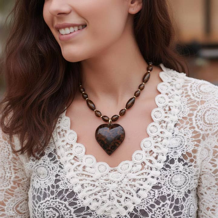 Bijoux Envie Statement Jewelry - Wholesale Pendant/Charm Necklace - Beaded Tortoise Shell Heart Necklace | Statement Jewelry1