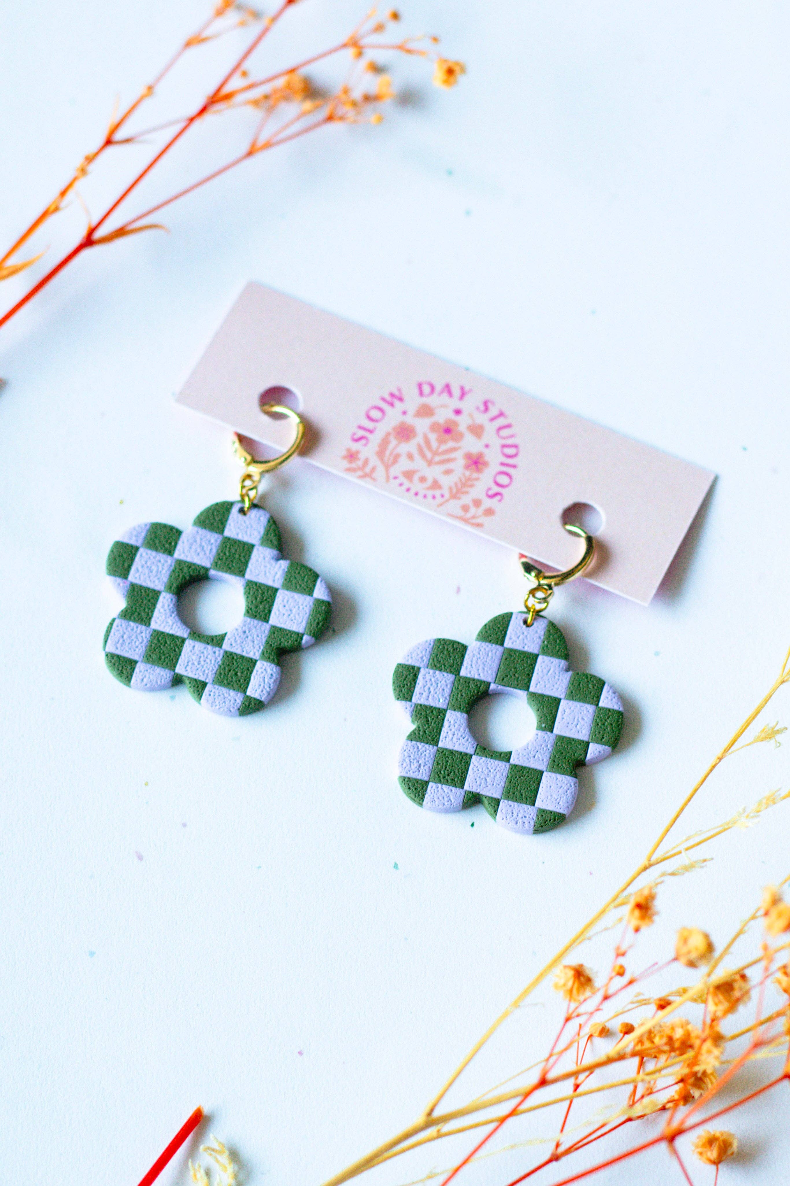 Slow Day Studios - Wholesale Dangle Earrings - Checkerboard Flower Huggies // Pastel Purple & Olive