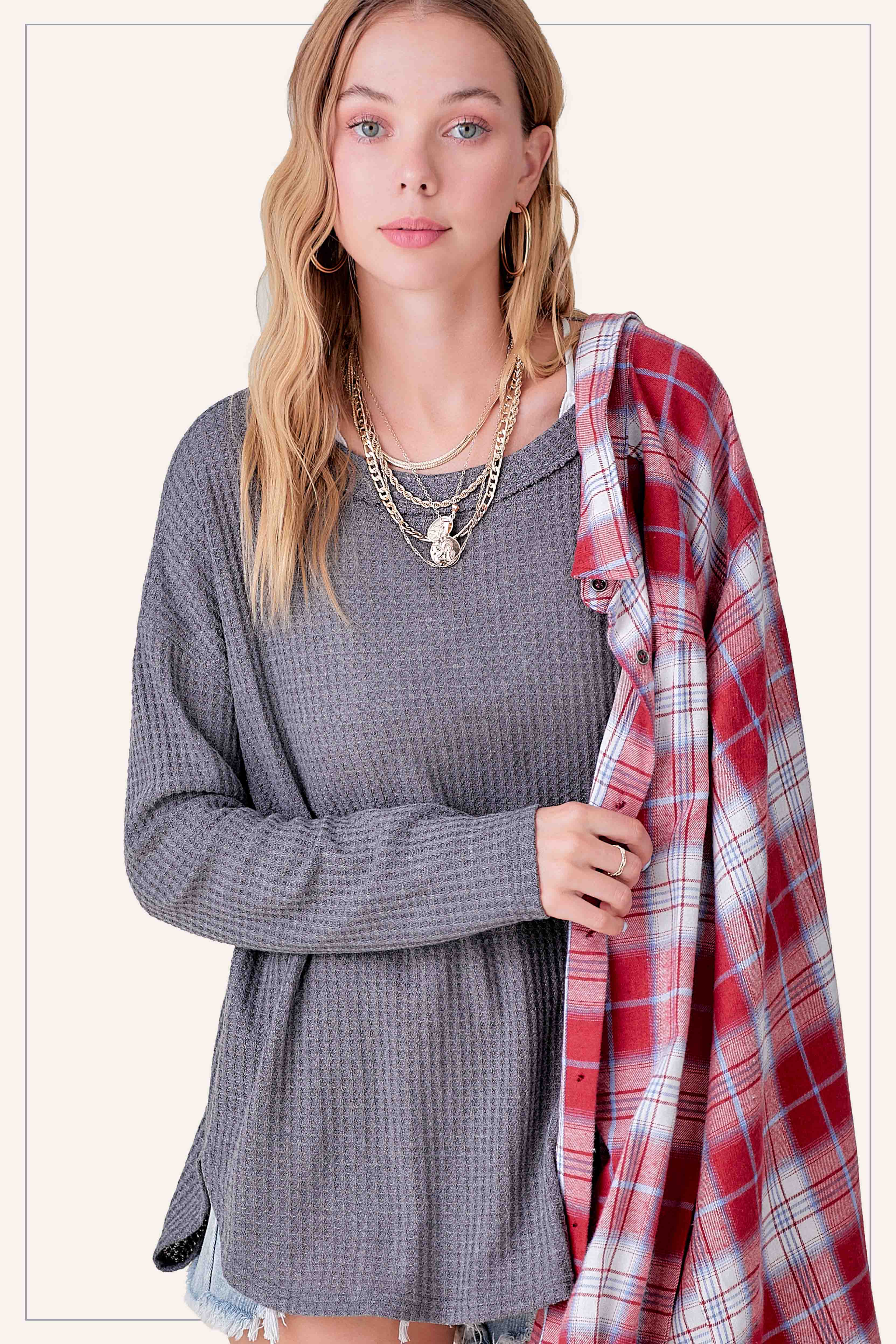 La Miel - Wholesale Tunic - Women's - HAT7566-Brushed Waffle Fabric Loose Fit Long Sleeve Top8