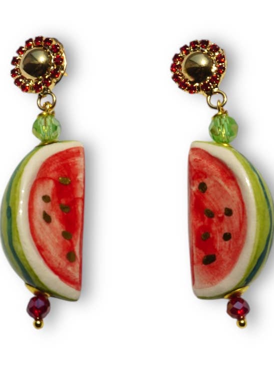 Boucles d’oreilles pastèque effet marbré en acrylique pour la vente par Truhanas