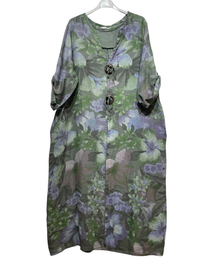 LINEN & COTTON HOUSE - Wholesale Dress - Women's - LINEN DRESS WITH FLORAL PATTERN WITH SIDE POCKETS 94127