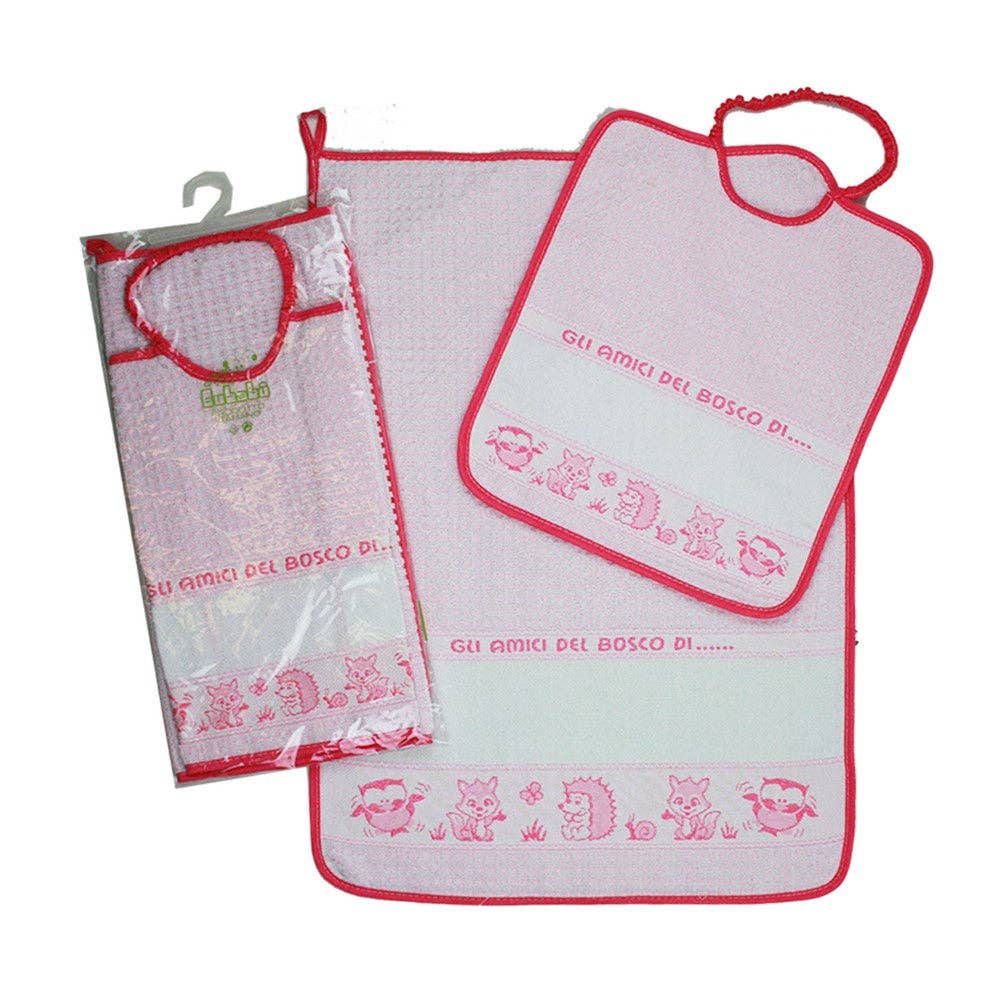 Almatex srl - Wholesale Dishcloth - Set of 2 pcs. FRIENDS OF THE WOOD:towel+bib with elastic band with etamine band to embroider0