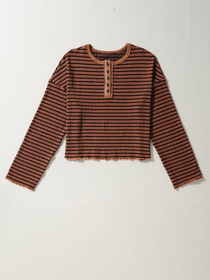 FULL TIME PURCHASE - Wholesale Knit Top - Women's - Stripe Textured Frilly Trim Buttons Henley Long Sleeve Top9