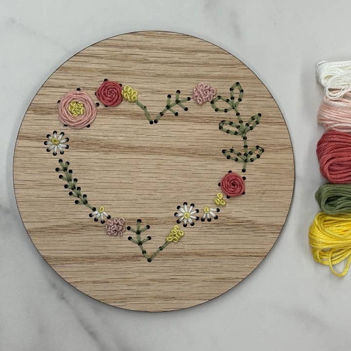 Floral Heart Wreath Wooden Embroidery DIY Kit for wholesale by The HNB House