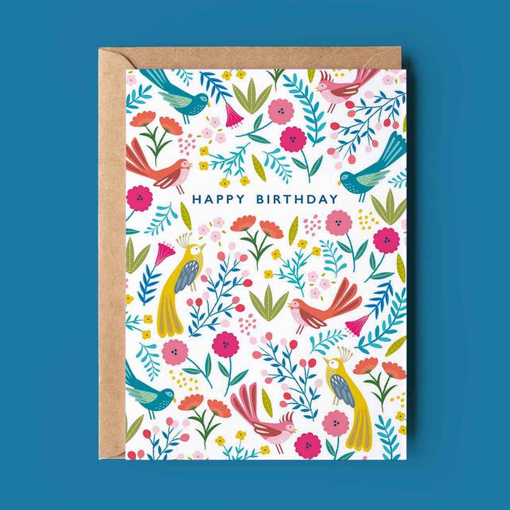 Happy Birthday Birds Card | Colourful Bird & Floral Pattern for wholesale by Klara Hawkins