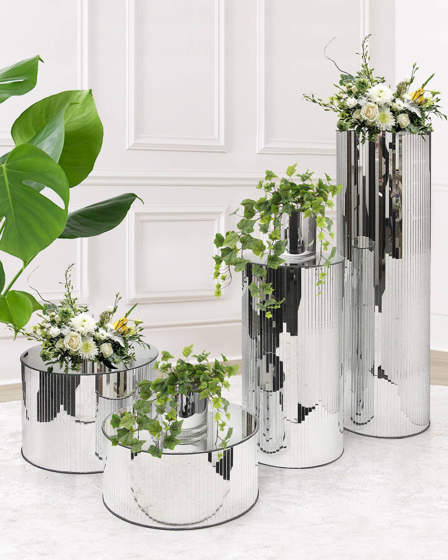 Silver Mirrored Cylindrical Column/Pedestal - Large (H-40"x D-12") for wholesale on Faire2