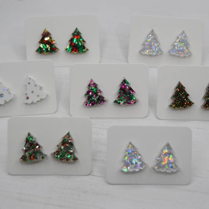 Christmas Tree Acrylic Stud Earrings, Sparkly, Glitter, Bow for wholesale by The Adorned Fox
