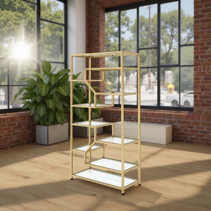 Greenwestons - Wholesale Bookcase - Modern 9-Shelf Gold Bookcase - 77"Height Glass Display Shelf6