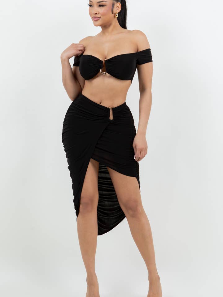 OFF SHOULDER W ASYMMETRICAL SKIRT SET for wholesale by Belita Collection