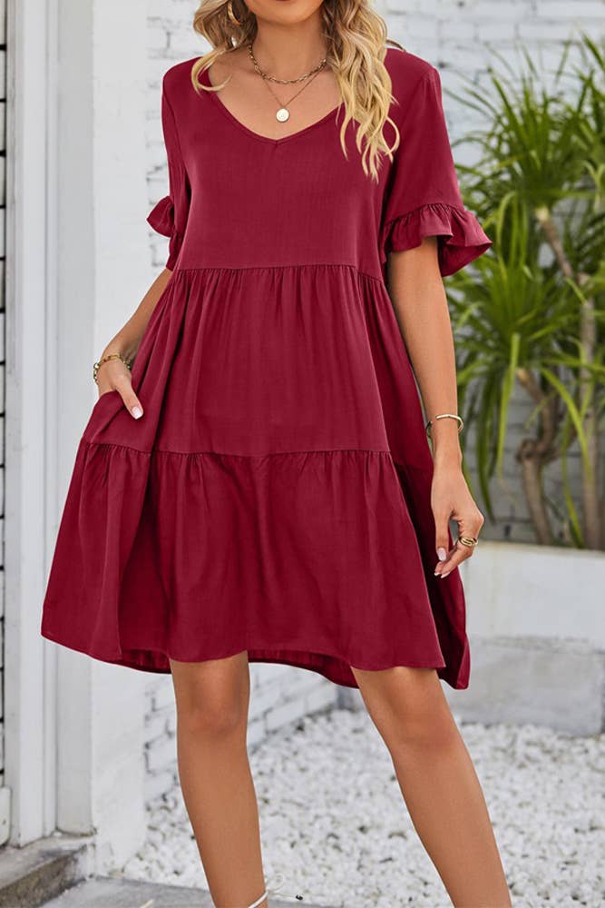 UNISHE - Vendita all'ingrosso Vestito - Donna - Abito A Balze Con Volant Con Scollo A V Semplice E Tasche MD0389