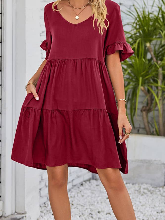 UNISHE - Vendita all'ingrosso Vestito - Donna - Abito A Balze Con Volant Con Scollo A V Semplice E Tasche MD0389