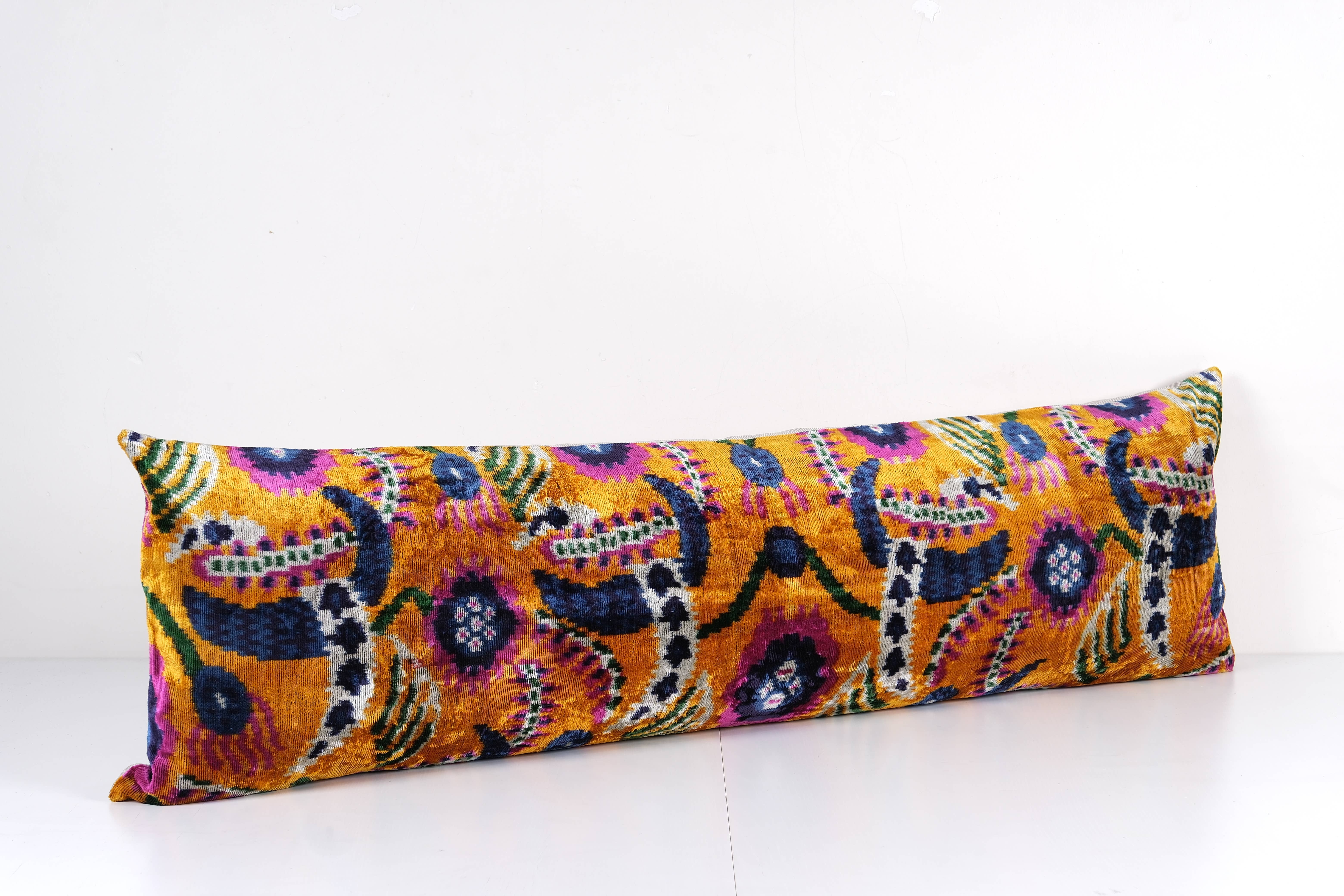 Vintage Pillows Store - Wholesale Lumbar Pillow - Orange Extra Long Ikat Velvet Pillow, Floral Printed Lumbar 1