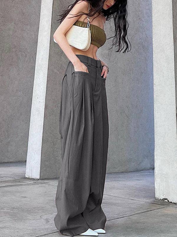 GRAY Pleated Solid Color Split-Joint Streamer High Waisted Loose Trousers Pants for wholesale on Faire