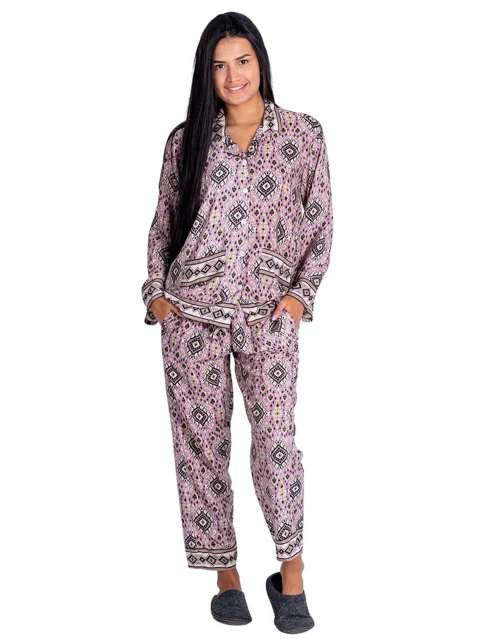 Kimago Look – Conjunto de pijama - Mulher por atacado – Pijamas femininos de seda em duas peças com estampa lilás4