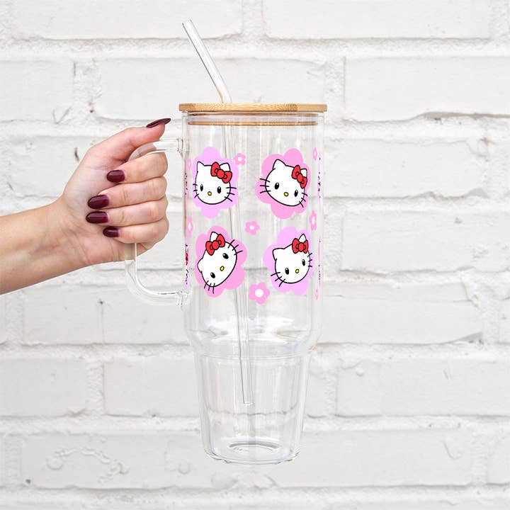 Sip-Sip Hooray! - Vendita all'ingrosso Bicchiere/tazza termica - Bicchiere in vetro rosa floreale Hello Kitty da 40 once con coperchio e cannuccia
