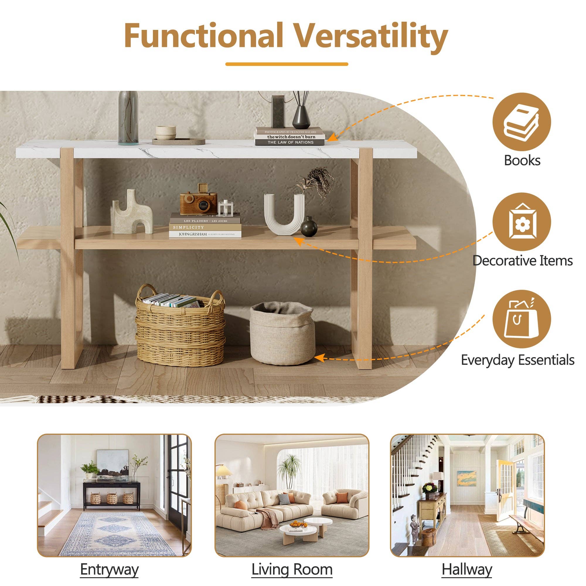 Orange County Decor - Wholesale Console Table - Retro Elegant Console Table With Marble Effect Top And Versatile Storage Solutions For Entryway And Living Room Natural Natural Solid Wood Mdf13