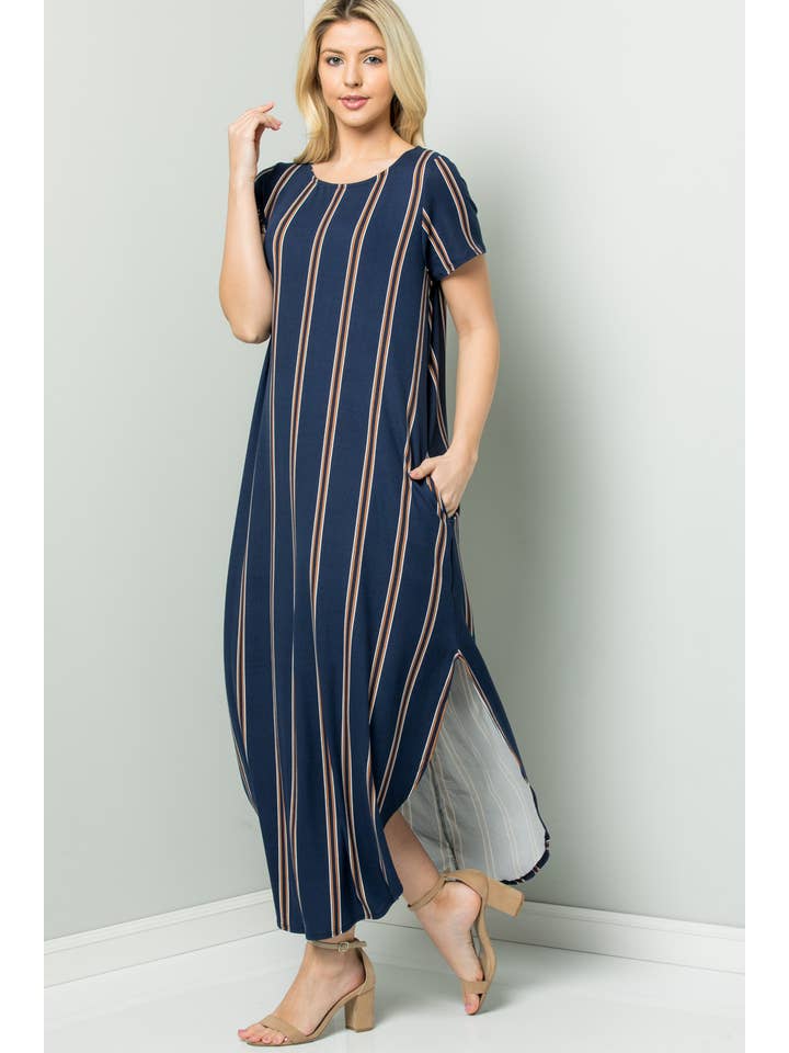 NAVY D02308 Striped Round Neck Maxi Dress with Side Pockets for wholesale on Faire3