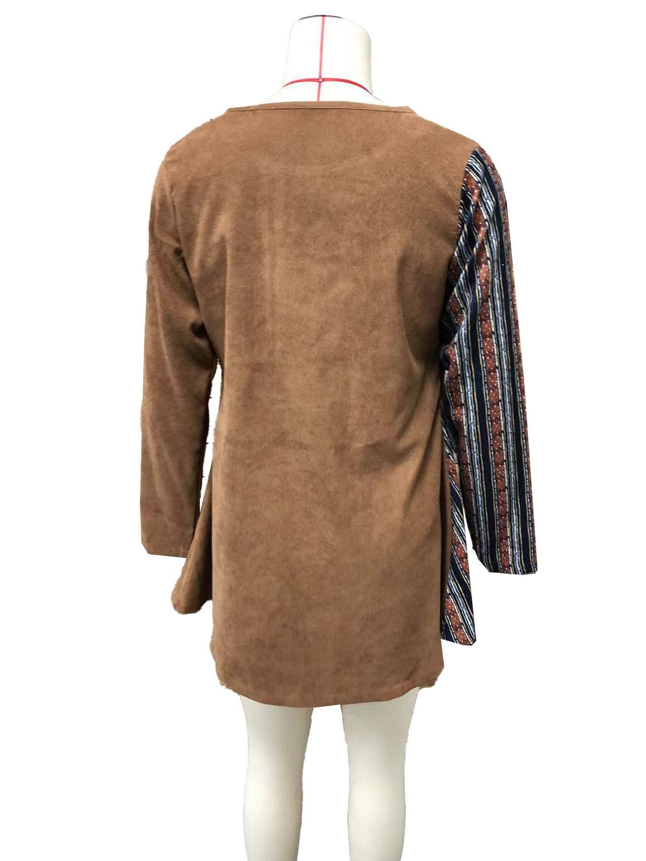 BROWN Buttoned Patchwork Boho Top for wholesale on Faire3