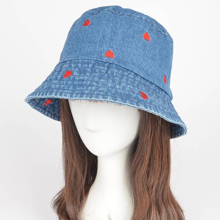 3AM BY H&D ACCESSORIES - Wholesale Bucket Hat - Women's - Denim Heart Embloidery Bucket Hat