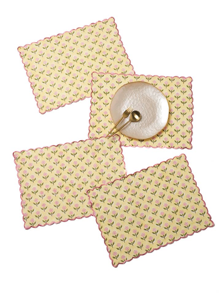 Mona Scallop Embroidered Blockprint Placemat in Butter Yellow for wholesale by Inner Child