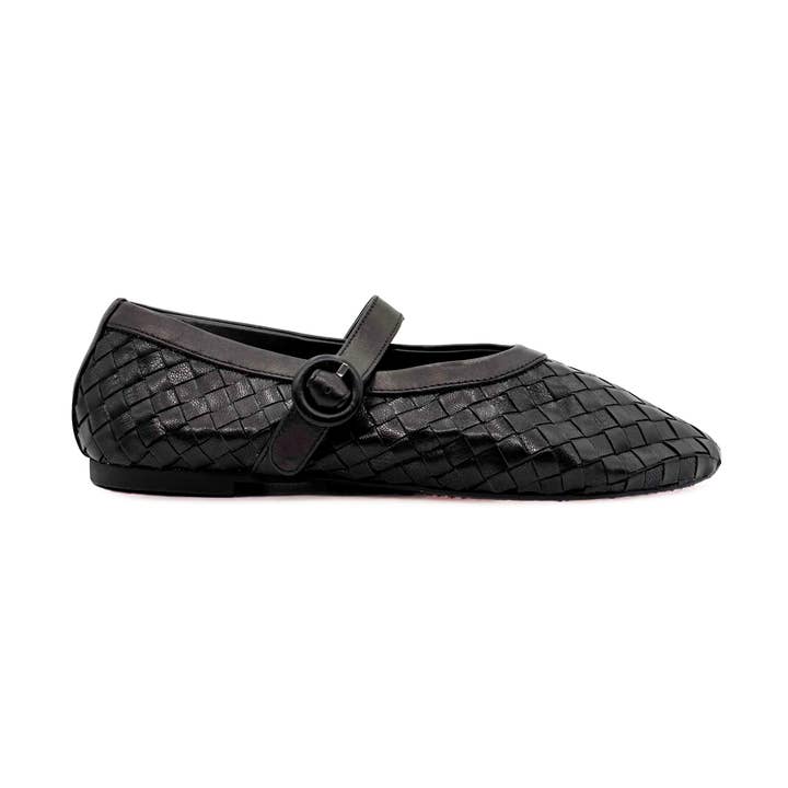 Rena Woven Black Leather Mary Jane Flat for wholesale by Amie Rafa