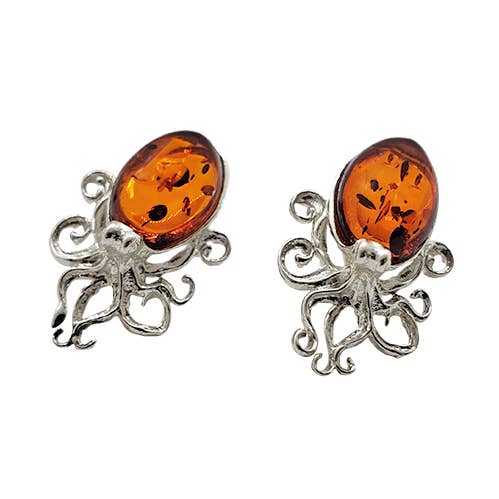 Octopus Cognac Amber Sterling Silver Stud Earrings for wholesale by Amberman