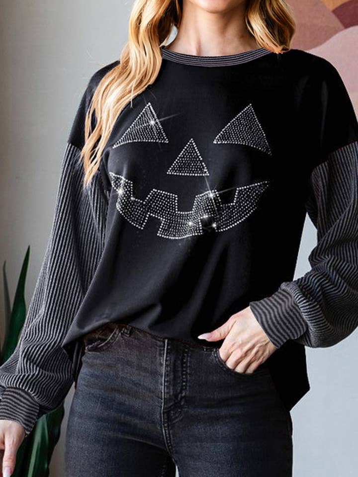 Halloween Rhinestone Pumpkin Patchwork Long Sleeve Top for wholesale by PRETTY BASH
