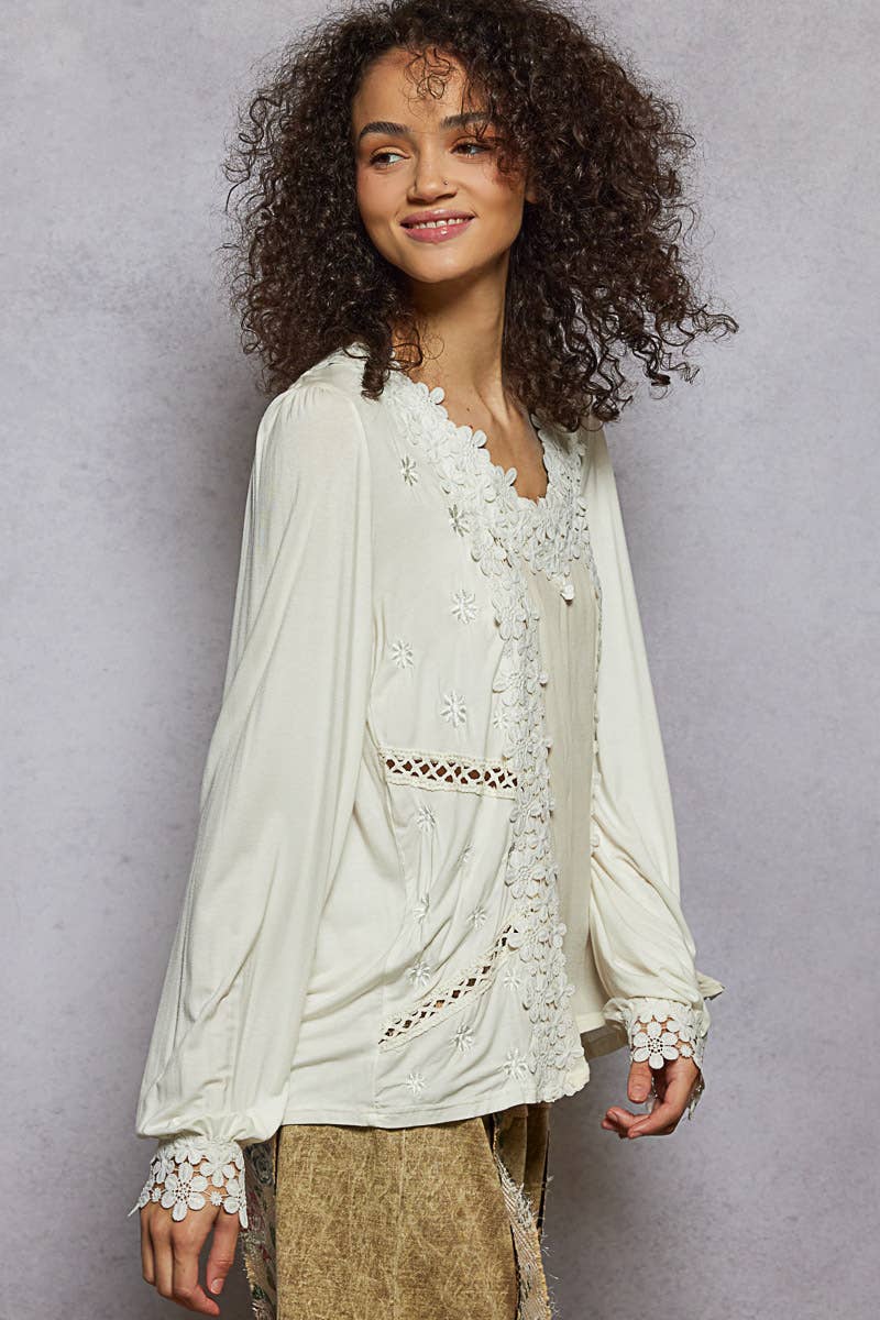 Pol Clothing - Wholesale Blouse - Women's - Long Sleeve Contrast Floral Lace Crochet V-Neck Top14