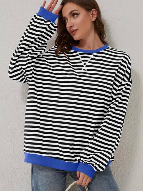 Lovesoft - Wholesale Sweatshirt - Women's - Trendy Oversized Striped Sweatshirt with Bold Trim8