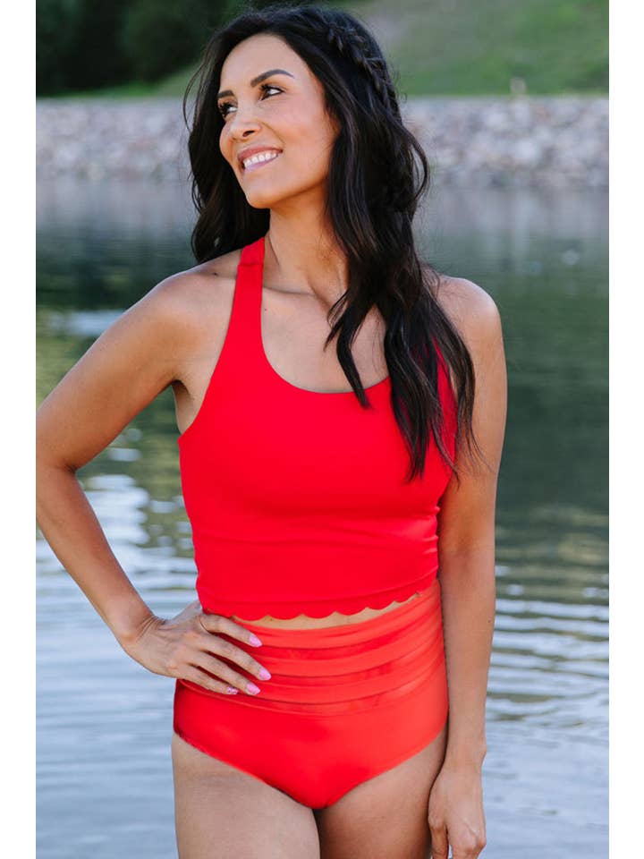 EG fashion - Wholesale Two Piece Swimsuit - Women's - Pink Scalloped Sleeveless High Waisted Two Piece Swimsuit20