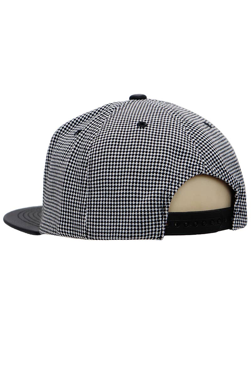 White Black Checkered Plaid PU Leather Flat Bill Snapback for wholesale on Faire2