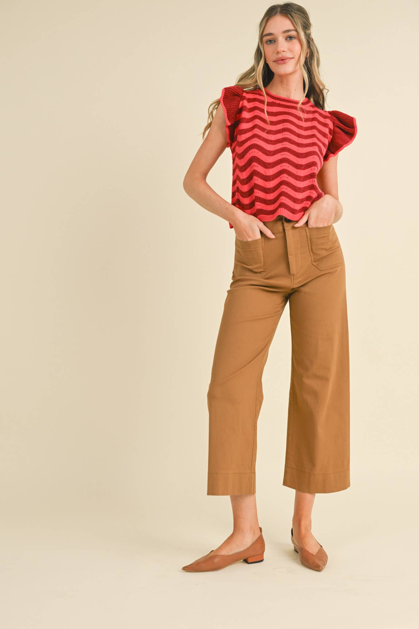 &MERCI - Wholesale Knit Sweater - Women's - WAVY STRIPES FLUTTER SLEEVE SWEATER TOP MSW1050968