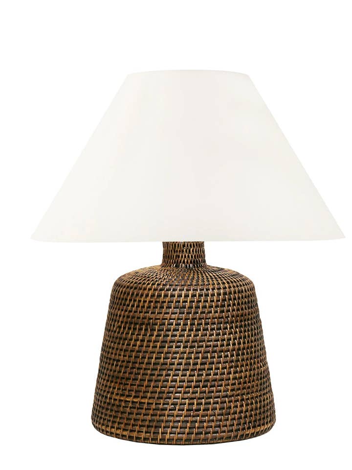 Cape Cod Rattan Table Lamp, Antique Brown with Empire Lampshade for wholesale by Fox Mill Lighting & Supply Co.