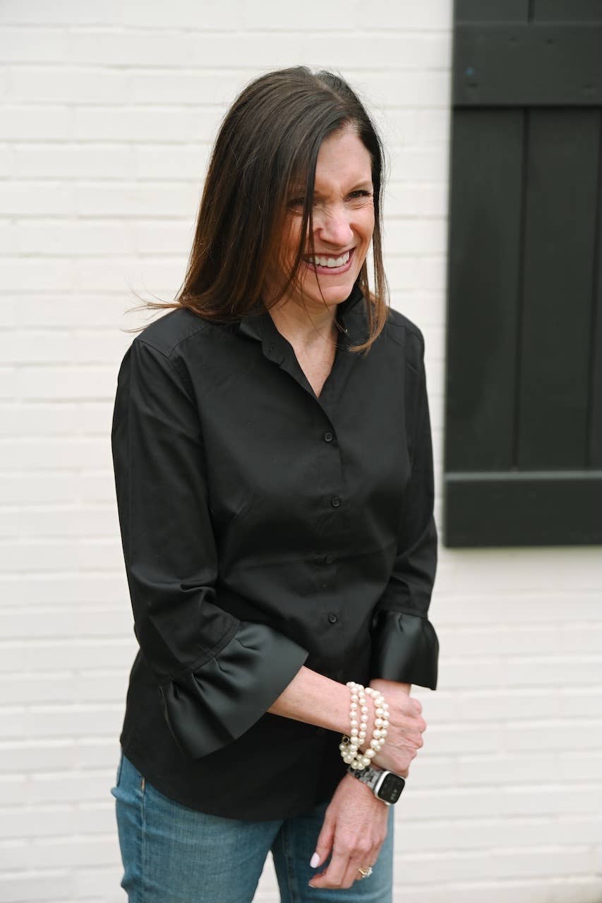 Pearly Vine - Wholesale Button Down Shirt - Women's - Barbara Ann Poplin Ribbon Trim 3/4 Sleeve - Black Black3