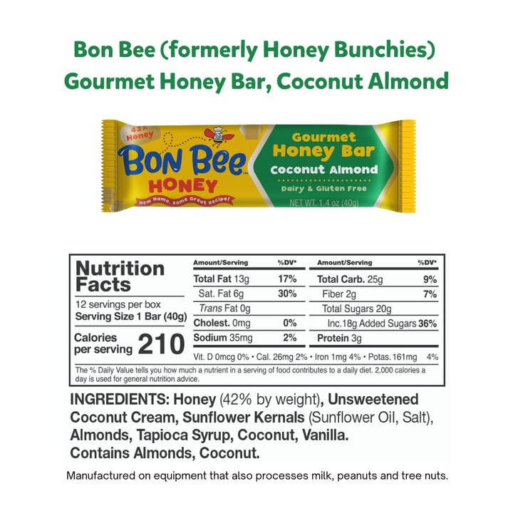 Honey Bunchie, LLC - Wholesale Snack Bar - Bon Bee Gourmet Honey Bar, Coconut Almond (12 ct)8