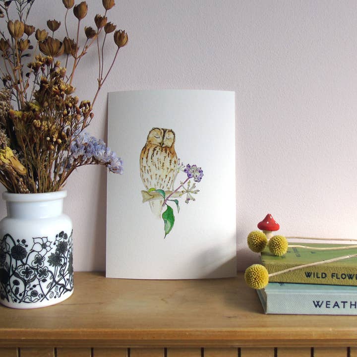 Tawny Owl and Ivy Berries A5 Giclée Fine Art Print for wholesale by Littlebirdy Designs
