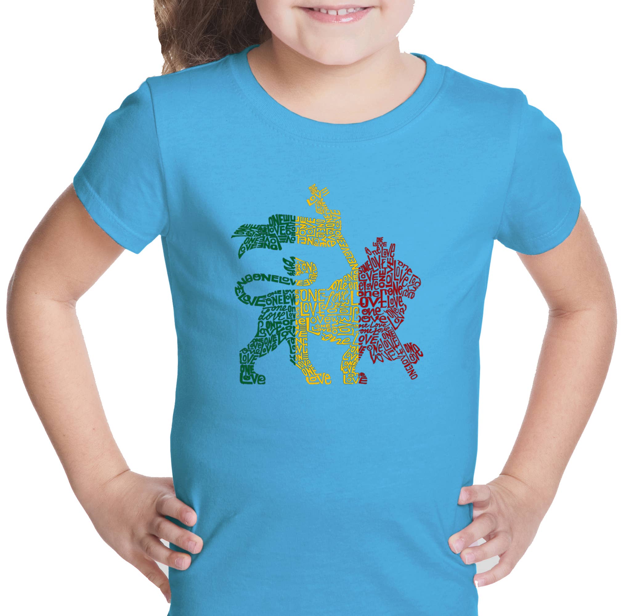 LA Pop Art - Wholesale Screen Printed T-Shirt - Kids - Girl's Word Art T-shirt - Rasta Lion - One Love3